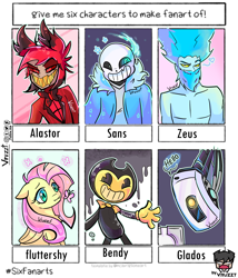 Size: 1882x2200 | Tagged: safe, imported from derpibooru, fluttershy, deer, demon, pegasus, pony, robot, wendigo, six fanarts, alastor, bendy and the ink machine, bone, bust, clothes, crossover, deer demon, female, glados, grin, hazbin hotel, male, mare, portal (valve), radio demon, sans (undertale), skeleton, smiling, sombra eyes, undertale, zeus