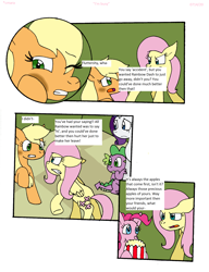 Size: 1700x2216 | Tagged: safe, artist:cmara, imported from derpibooru, applejack, fluttershy, pinkie pie, rarity, spike, dragon, earth pony, pegasus, pony, unicorn, comic:i'm busy, abuse, angry, bruised, comic, crying, eating, female, flutterrage, food, gritted teeth, hug, implied rainbow dash, makeup, male, mare, mascara, one eye closed, open mouth, popcorn, raised hoof, running makeup, sad, scared, underhoof, winged spike, wings