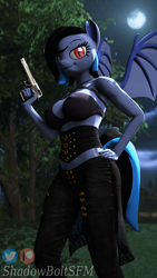 Size: 2160x3840 | Tagged: safe, artist:shadowboltsfm, imported from derpibooru, oc, oc:midnight grave, anthro, bat pony, plantigrade anthro, 3d, 4k, bat pony oc, bat wings, black nail polish, breasts, clothes, gun, hand on hip, looking at you, moon, night, smiling, source filmmaker, standing, weapon, wings