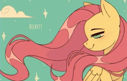 Size: 1280x820 | Tagged: safe, artist:plinckyctt, imported from derpibooru, fluttershy, pegasus, pony, blushing, bust, cloud, female, folded wings, head turn, lidded eyes, looking down, mare, no pupils, profile, smiling, solo, turned head, windswept mane, wings