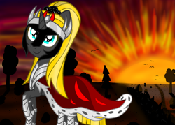 Size: 1400x1000 | Tagged: safe, artist:katya, imported from derpibooru, oc, oc only, oc:sombra light, oc:sparkle light, pony, unicorn, armor, autumn, cape, clothes, crown, female, jewelry, long hair, regalia, shadow, solo, sunset, tree