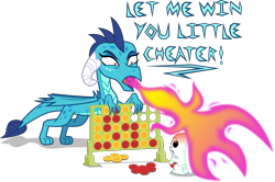 Size: 6969x4614 | Tagged: safe, artist:kmlp, derpibooru exclusive, imported from derpibooru, angel bunny, princess ember, dragon, rabbit, abuse, angelbuse, angry, animal, animal abuse, connect four, fire, fire breath, simple background, sore loser, this will end in death, transparent background, vector