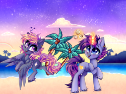 Size: 6000x4452 | Tagged: safe, artist:_spacemonkeyz_, imported from derpibooru, oc, pegasus, unicorn, absurd resolution, beach, cloud, magic, rainbow, shells, sky, stars