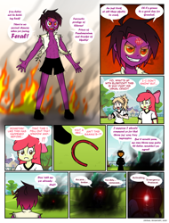 Size: 832x1094 | Tagged: safe, artist:crydius, imported from derpibooru, apple bloom, oc, oc:eldritch, oc:feral (crydius), oc:gamma, comic:the first year's dodgeball competition, equestria girls, magical lesbian spawn, offspring, parent:oc:crydius, parent:sci-twi, parent:sunset shimmer, parent:tempest shadow, parents:canon x oc, parents:crydiusshadow, parents:scitwishimmer, speech bubble, well that escalated quickly, xk-class end-of-the-world scenario