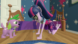 Size: 3840x2160 | Tagged: safe, artist:northern haste, imported from derpibooru, sci-twi, spike, spike the regular dog, twilight sparkle, dog, equestria girls, 3d, 4k, bed, bedroom, dogified, paws, potion, source filmmaker, species swap, tail, tongue out, transformation, twilight barkle