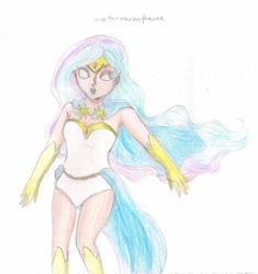 Size: 720x767 | Tagged: safe, artist:wrath-marionphauna, imported from derpibooru, princess celestia, human, boots, cape, clothes, colored pencil drawing, female, gloves, humanized, jewelry, leotard, lipstick, shoes, solo, superhero, tiara, traditional art, white eyes