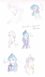 Size: 720x1235 | Tagged: safe, artist:wrath-marionphauna, imported from derpibooru, princess celestia, princess luna, human, :c, >:c, angry, cape, clothes, colored pencil drawing, comic, crown, cute, dress, ear piercing, earring, eyes closed, frown, humanized, jewelry, moon, necklace, one eye closed, piercing, pink-mane celestia, regalia, s1 luna, sad, smiling, traditional art, wink, yelling, young celestia, young luna, ò3ó