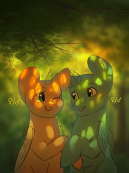 Size: 2150x2876 | Tagged: safe, artist:klooda, imported from derpibooru, pony, advertisement, advertising, any gender, any race, commission, couple, cute, detailed, detailed background, forest, forest background, halfbody, happy, holding hooves, leaf, leaves, looking at each other, one eye closed, open mouth, smiley face, smiling, stallion, tree, wink, ych example, your character here