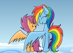 Size: 2200x1600 | Tagged: safe, artist:yourfavoritelove, imported from derpibooru, rainbow dash, scootaloo, pegasus, pony, cloud, cute, duo, eyes closed, female, filly, hug, mare, on a cloud, open mouth, scootalove, sky, smiling, winghug