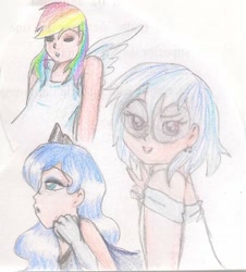 Size: 720x798 | Tagged: safe, artist:wrath-marionphauna, imported from derpibooru, dj pon-3, princess luna, rainbow dash, vinyl scratch, human, clothes, colored pencil drawing, crown, ear piercing, earring, eyes closed, humanized, jewelry, peace sign, piercing, regalia, sunglasses, traditional art, winged humanization, wings