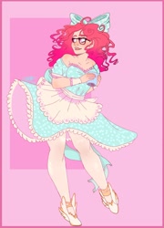 Size: 1280x1778 | Tagged: safe, artist:copshop, imported from derpibooru, oc, oc only, human, bow, clothes, dress, glasses, hair bow, humanized, not pinkie pie, solo, stockings, thigh highs