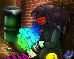 Size: 3907x3125 | Tagged: safe, artist:brainiac, derpibooru exclusive, imported from derpibooru, oc, oc only, oc:bum wine, pony, bong, chest fluff, clothes, commission, do rag, drugs, floppy ears, male, marijuana, rainbow colors, socks, solo, stallion, striped socks