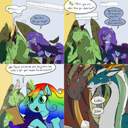 Size: 2562x2562 | Tagged: safe, artist:professor-ponyarity, imported from derpibooru, oc, oc only, oc:amelia, oc:amelia valkyria, oc:color flare, oc:rye, alicorn, bat pony, dragon, tumblr:ask rye dimar dragon, dimar: lost waters, female, luuko, magic, mare, olitar