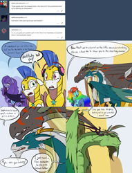 Size: 2562x3346 | Tagged: safe, artist:professor-ponyarity, imported from derpibooru, oc, oc only, oc:amelia, oc:amelia valkyria, oc:arrowhead, oc:color flare, oc:nors, oc:rye, alicorn, bat pony, dragon, tumblr:ask rye dimar dragon, dimar: lost waters, female, headphones, luuko, magic, mare, olitar, royal guard