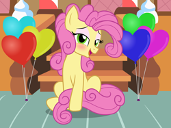 Size: 2554x1915 | Tagged: safe, artist:badumsquish, derpibooru exclusive, imported from derpibooru, li'l cheese, earth pony, pony, the last problem, balloon, curly mane, curly tail, femboy, flirting, flirty, girly, heart, heart balloon, looking at you, makeup, male, older, older li'l cheese, open mouth, show accurate, sitting, smiling, solo, stairs, stallion, strategically covered, sugarcube corner, tail censor, trap