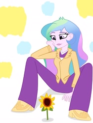 Size: 1536x2048 | Tagged: safe, artist:justsomepainter11, imported from derpibooru, princess celestia, equestria girls, calm, clothes, flower, missing accessory, pants, principal celestia, shoes, show accurate, simple background, sitting, spread legs, spreading, sunflower, white background