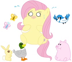 Size: 1480x1280 | Tagged: safe, artist:iroenpitu_nico, imported from derpibooru, fluttershy, bird, butterfly, duck, pig, rabbit, hurricane fluttershy, animal, digital art, worried