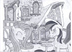 Size: 1024x745 | Tagged: safe, artist:dandereshy, imported from derpibooru, fluttershy, oc, bat pony, pegasus, pony, bat pony oc, bat wings, blushing, commission, cute, female, grass, hat, hearts and hooves day, house, male, monochrome, pencil drawing, ponyville, shyabetes, smiling, traditional art, wings