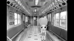 Size: 1334x750 | Tagged: safe, artist:topsangtheman, imported from derpibooru, cinnabar, golden hooves, quicksilver, earth pony, pony, 3d, golden hooves (g4), irl, looking at you, monochrome, new york city, new york city subway, photo, ponies in real life, solo, source filmmaker