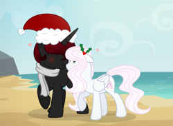 Size: 2409x1761 | Tagged: safe, artist:darbypop1, imported from derpibooru, oc, oc only, oc:bella bambina, oc:mystery teller, pegasus, pony, beach, christmas, female, hat, holiday, holly, male, mare, nuzzling, santa hat, stallion