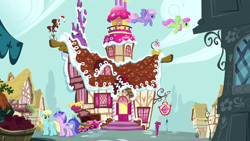 Size: 1280x720 | Tagged: safe, imported from derpibooru, screencap, merry may, rainbowshine, sassaflash, sea swirl, seafoam, pegasus, pony, unicorn, too many pinkie pies, background pony, building, female, flying, mare, ponyville, sugarcube corner, walking