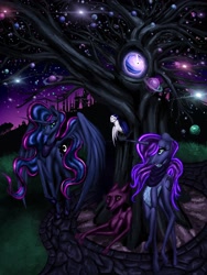 Size: 2448x3264 | Tagged: safe, artist:techwingidustries, imported from derpibooru, princess luna, oc, oc:noctura, oc:selene, oc:vulpecula, alicorn, bird, fox, owl, unicorn, clothes, night, planet, scarf, stars, tree