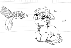 Size: 2495x1670 | Tagged: artist needed, safe, imported from derpibooru, oc, oc:anon, earth pony, human, pony, art pack:marenheit 451 post-pack, /mlp/, barn, black and white, carrot, cute, dialogue, emaciated, female, food, grayscale, monochrome, offscreen character, ribs, sitting, sketch, skinny, solo focus, stable, thin, verity