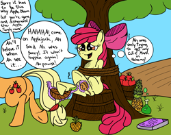 Size: 2929x2312 | Tagged: safe, artist:darkknighthoof, artist:sparklysapphire, imported from derpibooru, apple bloom, applejack, earth pony, pony, apple, basket, bondage, book, brush, butt, colored, dishonorapple, feather, female, fetish, filly, food, hoof fetish, hooves, mare, pineapple, plot, potion, punishment, rope, sibling tickling, siblings, sisters, tickle fetish, tickle torture, tickling, tied up, tree, underhoof