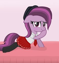 Size: 2652x2862 | Tagged: safe, artist:chomakony, imported from derpibooru, oc, oc only, oc:ruby geminis, earth pony, pony, bed, blushing, clothes, earth pony oc, female, floppy ears, hat, hoof in mouth, looking at you, lying down, mare, on bed, raised hoof, show accurate, shy, simple background, skirt, smiling, socks, solo