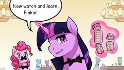 Size: 3840x2160 | Tagged: safe, artist:chopchopguy, imported from derpibooru, pinkie pie, twilight sparkle, earth pony, unicorn, bowtie, fake moustache, lamp, magic, poker chips, ribbon, speech bubble, telekinesis, unicorn twilight