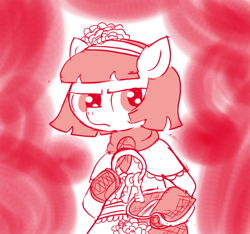 Size: 640x600 | Tagged: safe, artist:ficficponyfic, imported from derpibooru, part of a set, oc, oc only, oc:mulberry telltale, cyoa:madness in mournthread, aside glance, boots, clothes, cyoa, dress, flower, frills, frown, headband, key, monochrome, neckerchief, open bag, shoes, sideways glance, story included, suspicious