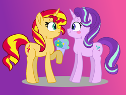 Size: 1060x800 | Tagged: safe, artist:jadeharmony, artist:jadethepegasus, artist:mixelfangirl100, imported from derpibooru, starlight glimmer, sunset shimmer, pony, unicorn, base used, blushing, bouquet, female, flower, gradient background, lesbian, looking at each other, mare, raised hoof, shimmerglimmer, shipping