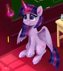 Size: 3969x4500 | Tagged: safe, artist:darksly, imported from derpibooru, twilight sparkle, alicorn, pony, my little pony: pony life, absurd resolution, chemistry, cute, cutie mark, female, g4.5, levitation, magic, mare, potion, school, science, signature, sitting, smiling, solo, telekinesis, twiabetes, twilight sparkle (alicorn), unshorn fetlocks