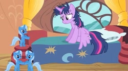 Size: 739x415 | Tagged: safe, edit, edited screencap, imported from derpibooru, screencap, trixie, twilight sparkle, alicorn, inspiration manifestation, bed, bedroom, bipedal, golden oaks library, messy mane, pillow, twilight sparkle (alicorn)