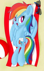 Size: 1135x1833 | Tagged: safe, artist:notadeliciouspotato, imported from derpibooru, rainbow dash, pegasus, pony, beach, beach ball, beach towel, feathered wings, female, hooves behind head, lidded eyes, looking at you, mare, on back, open mouth, smiling, solo, spread wings, sunglasses, towel, wings