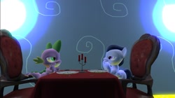 Size: 1024x575 | Tagged: safe, artist:undeadponysoldier, imported from derpibooru, rumble, spike, dragon, pony, 3d, candle, colt, date, dinner table, fork, gay, gmod, lidded eyes, looking at each other, male, plate, restaurant, romantic, rumblespike, shipping, silverware