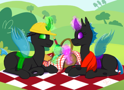 Size: 500x363 | Tagged: safe, imported from derpibooru, oc, changeling, basket, female, green changeling, hard hat, magic, male, oc x oc, picnic, picnic basket, picnic blanket, purple changeling, shipping, straight