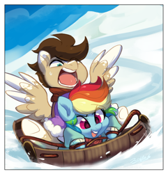 Size: 1590x1652 | Tagged: safe, artist:colorfulcolor233, artist:oofycolorful, imported from derpibooru, rainbow dash, oc, oc:skittle, pegasus, pony, canon x oc, commission, female, male, mare, shipping, skidash, sled, snow, stallion, straight