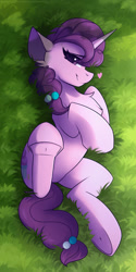 Size: 1000x2000 | Tagged: safe, alternate version, artist:shadowreindeer, imported from derpibooru, sugar belle, pony, unicorn, cute, featureless crotch, female, grass, looking at you, lying down, mare, on back, solo, sugarbetes, sultry pose, underhoof