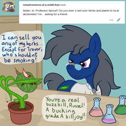 Size: 3000x3000 | Tagged: safe, artist:bigmackintosh, imported from derpibooru, oc, oc only, oc:russel sprout, oc:trevor the venus fly trap, angry, answer, chemicals, cigarette, classroom, erlenmeyer flask, laboratory, monster, plant, plant pot, smoking, tumblr, venus flytrap