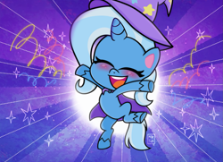 Size: 1489x1080 | Tagged: safe, artist:meqiopeach, edit, edited screencap, imported from derpibooru, screencap, trixie, pony, unicorn, my little pony: pony life, spoiler:pony life s01e17, blushing, cape, clothes, confetti, cute, diatrixes, explosion, eyes closed, female, friendship gems, g4.5, happy, hat, hooves in air, jumping, manip, on one hoof, raised hoof, raised leg, solo, sparkles, standing, standing on one leg, stars, tricks up my sleeve, trixie's cape, trixie's hat