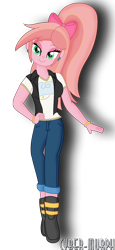 Size: 952x2072 | Tagged: safe, artist:cyber-murph, imported from derpibooru, oc, oc only, oc:ruby sunshine, equestria girls, bedroom eyes, boots, bow, clothes, ear piercing, earring, hand on hip, jacket, jeans, jewelry, pants, piercing, ponytail, shoes, signature, simple background, solo, transparent background, vector