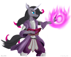 Size: 3000x2400 | Tagged: safe, artist:rockhoppr3, imported from derpibooru, oleander, anthro, unicorn, them's fightin' herds, armor, book, clothes, community related, fantasy class, female, fireball, oleander (tfh), robe, solo, unicornomicon