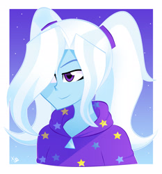 Size: 2357x2528 | Tagged: safe, artist:xan-gelx, imported from derpibooru, trixie, equestria girls, alternate hairstyle, babysitter trixie, clothes, female, gameloft, gameloft interpretation, hair over one eye, high res, hoodie, smiling, solo
