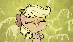 Size: 1426x828 | Tagged: safe, imported from derpibooru, screencap, applejack, sniffles, earth pony, pony, my little pony: pony life, sick day, spoiler:pony life s01e20, applejack's hat, cowboy hat, eyes closed, female, g4.5, hat, mare, sick, sniffling, solo