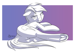 Size: 3496x2480 | Tagged: safe, alternate version, artist:madgehog, imported from derpibooru, rainbow dash, pegasus, pony, bed, black and white, blushing, butt, female, frog (hoof), grayscale, hoofbutt, ink, lineart, looking at you, looking back, lying on bed, mare, monochrome, on back, on bed, plot, solo, tail, underhoof