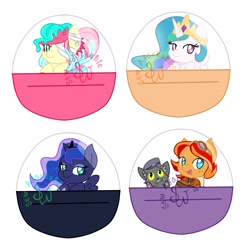 Size: 2114x2157 | Tagged: safe, artist:sew_adorkable, imported from derpibooru, princess celestia, princess luna, oc, oc:goo gashes, oc:peanut bucker, digital art, gacha, trotcon