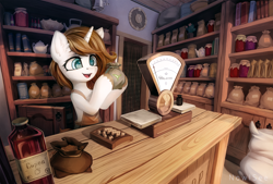 Size: 2500x1693 | Tagged: safe, artist:inowiseei, imported from derpibooru, oc, oc only, pony, unicorn, abacus, book, bottle, clock, clothes, counter, cup, cyrillic, female, flour sack, food, high res, holding, jar, mare, merchant, open mouth, russian, samovar, scale, shop, smiling, solo, tea, teacup