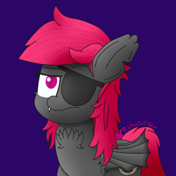 Size: 942x942 | Tagged: safe, artist:silvatwiliqular, artist:silversparkpone, imported from derpibooru, oc, oc only, oc:neon shift, bat pony, pony, blue background, eyepatch, female, mare, simple background, solo