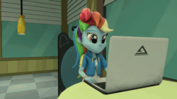 Size: 640x360 | Tagged: safe, artist:fazbearsparkle, imported from derpibooru, rainbow dash, equestria girls, equestria girls series, 3d, animated, clothes, computer, female, gif, jenny wakeman, laptop computer, my life as a teenage robot, shocked, skirt, source filmmaker, watch